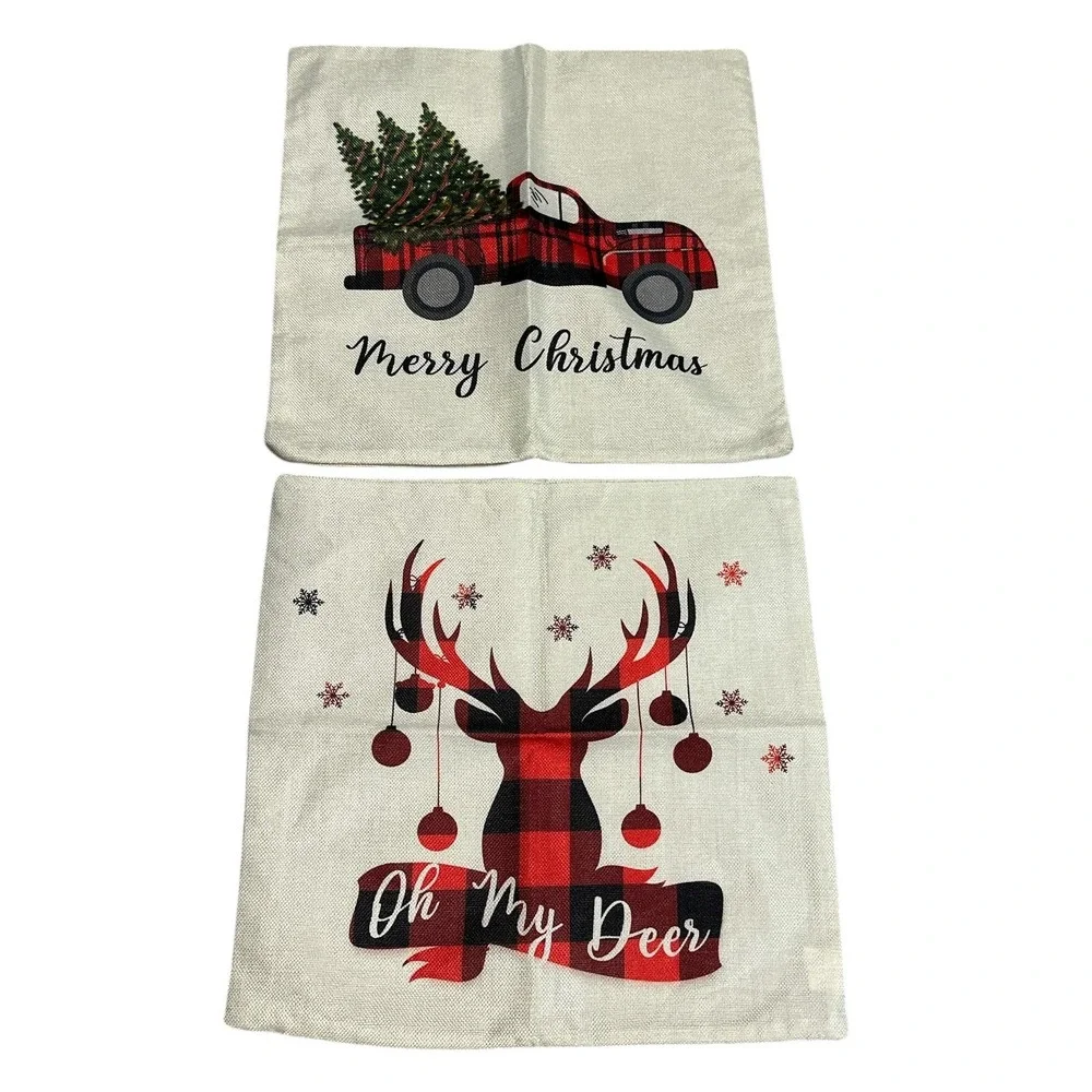 2 Decorative Pillow Covers‎ Christmas Deer Truck Outdoors 17x17 Zip Closure NWOT